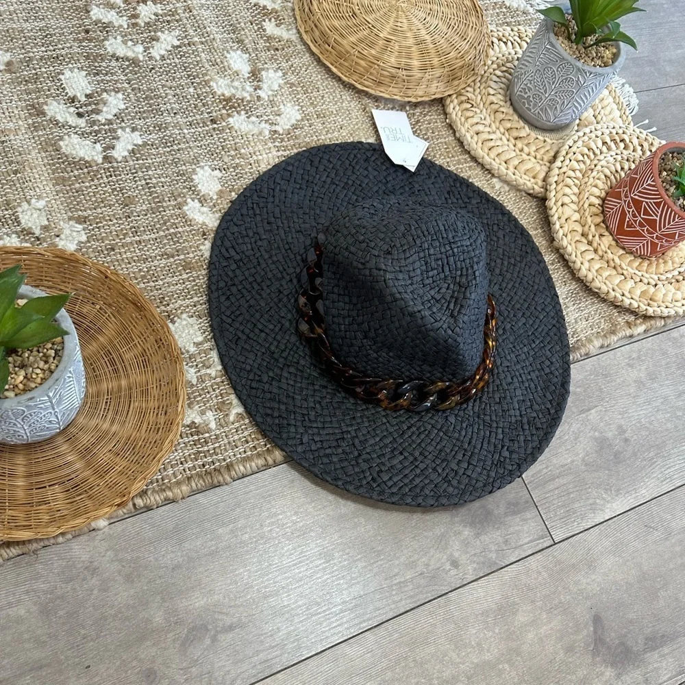 New Time & Tru Women’s Black Woven Straw Fedora Hat with Brown Accent